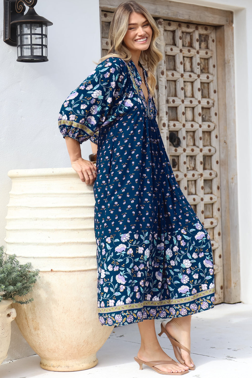 JAASE - Boheme Midi Dress: Piping Defined Bust Slimline Smock Dress In Wild Indigo Print