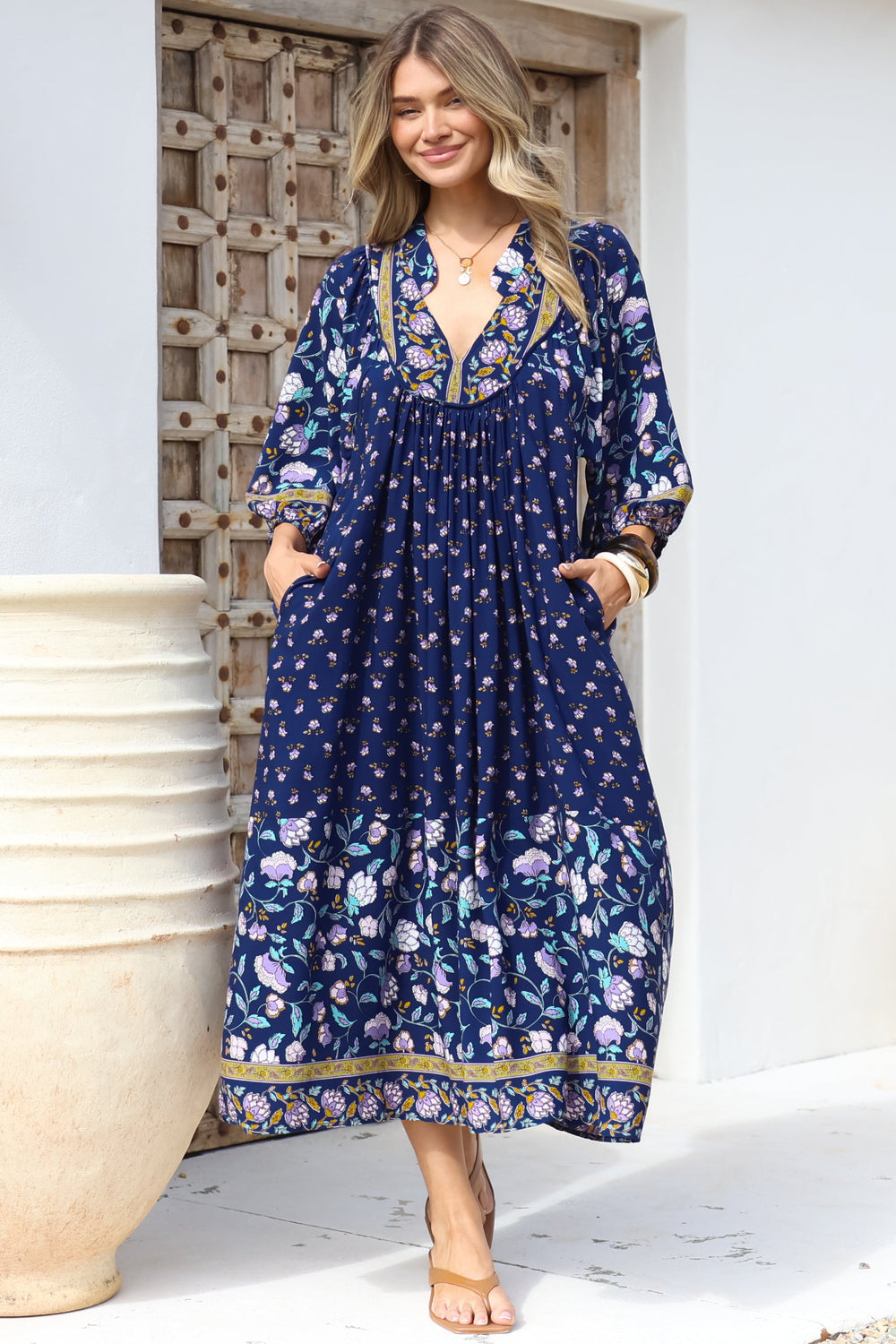 JAASE - Boheme Midi Dress: Piping Defined Bust Slimline Smock Dress In Wild Indigo Print