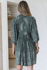Boheme Mini Dress - Mandarin Collar Slimline Smock Dress in Constance Print