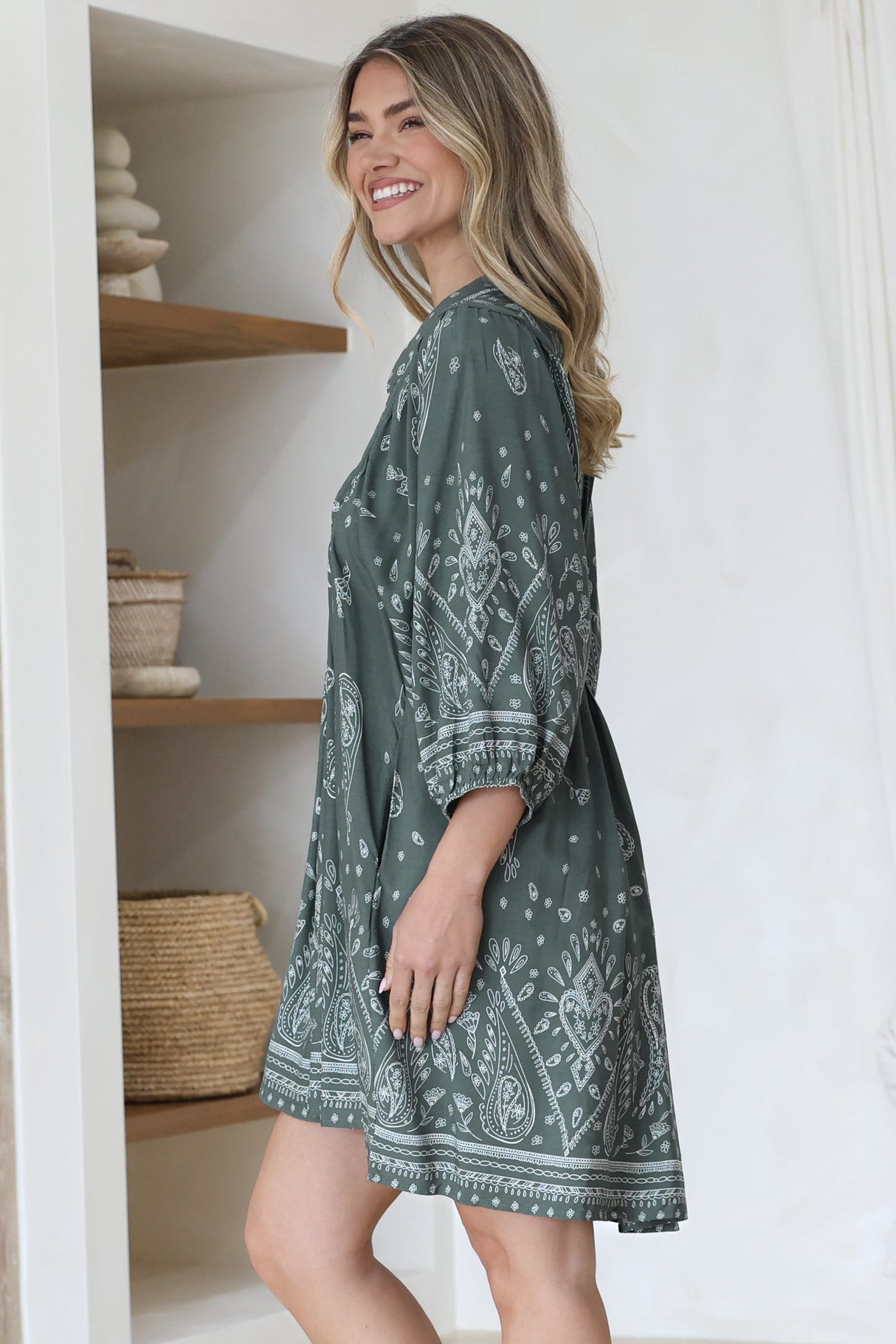 Boheme Mini Dress - Mandarin Collar Slimline Smock Dress in Constance Print