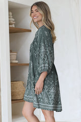 Boheme Mini Dress - Mandarin Collar Slimline Smock Dress in Constance Print