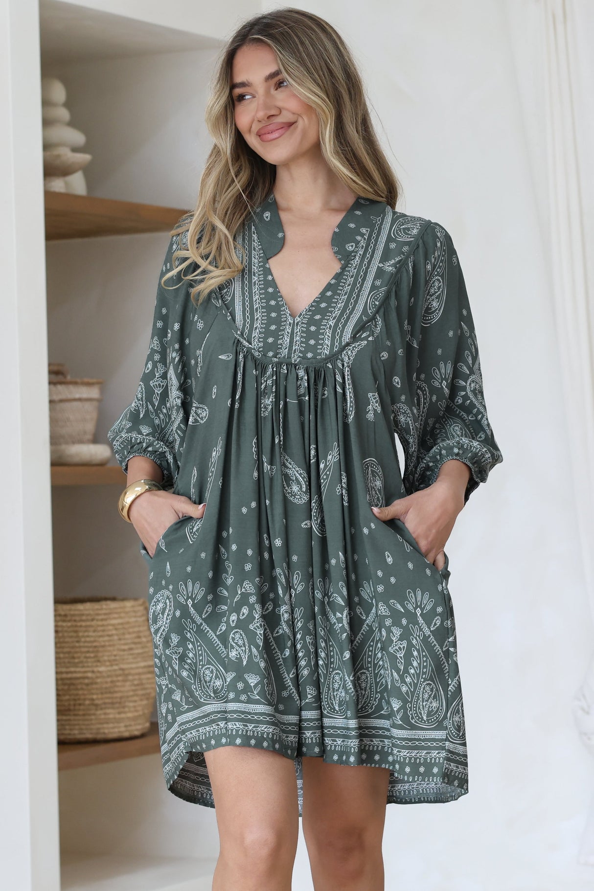 Boheme Mini Dress - Mandarin Collar Slimline Smock Dress in Constance Print