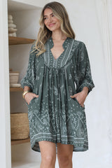Boheme Mini Dress - Mandarin Collar Slimline Smock Dress in Constance Print