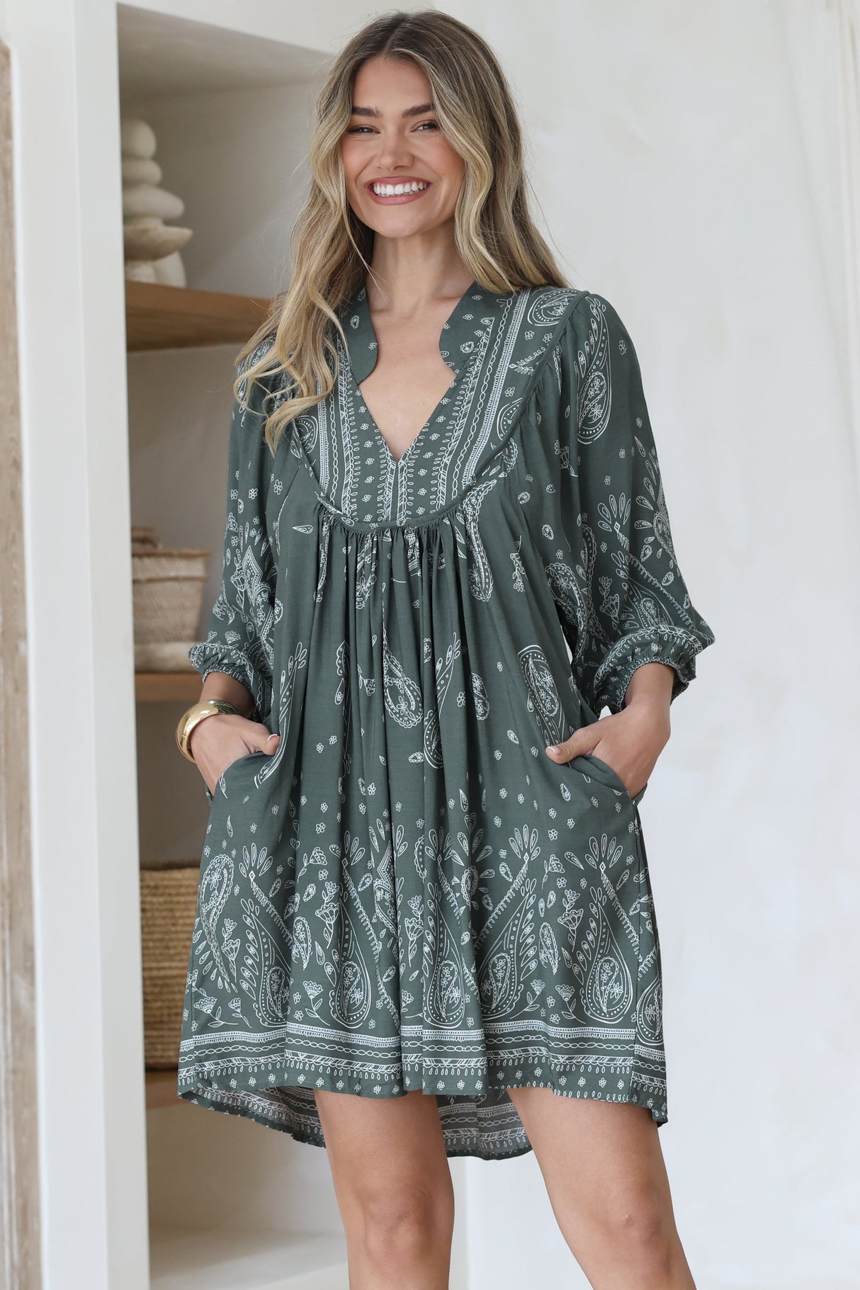 Boheme Mini Dress - Mandarin Collar Slimline Smock Dress in Constance Print