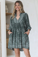 Boheme Mini Dress - Mandarin Collar Slimline Smock Dress in Constance Print