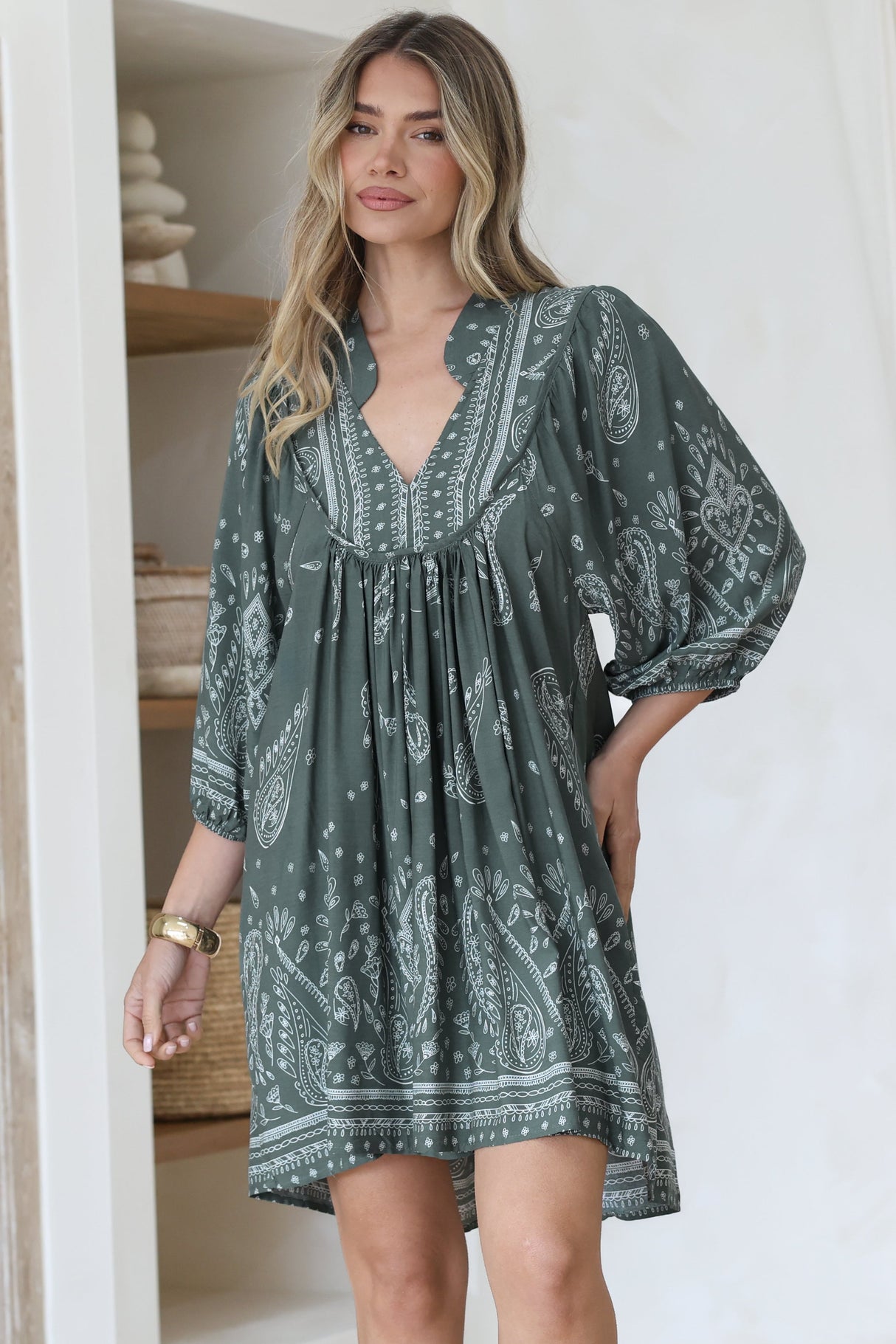 Boheme Mini Dress - Mandarin Collar Slimline Smock Dress in Constance Print