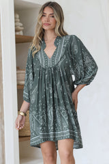 Boheme Mini Dress - Mandarin Collar Slimline Smock Dress in Constance Print