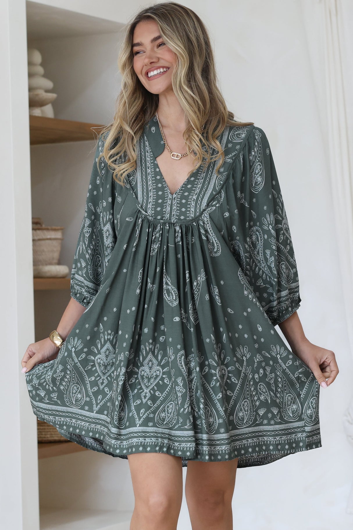 Boheme Mini Dress - Mandarin Collar Slimline Smock Dress in Constance Print