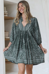 Boheme Mini Dress - Mandarin Collar Slimline Smock Dress in Constance Print