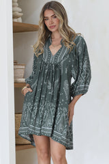 Boheme Mini Dress - Mandarin Collar Slimline Smock Dress in Constance Print