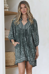 Boheme Mini Dress - Mandarin Collar Slimline Smock Dress in Constance Print