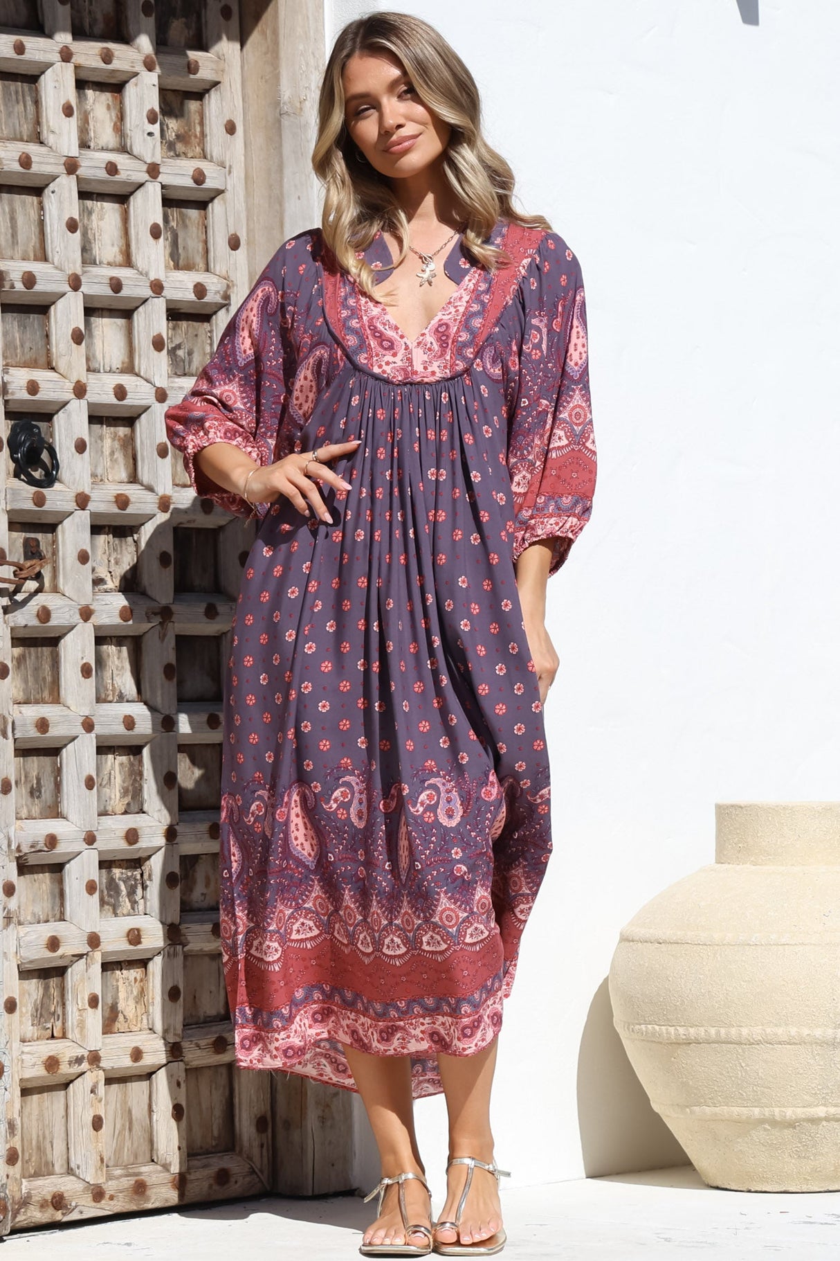 JAASE - Boheme Midi Dress: Piping Defined Bust Slimline Smock Dress In Dancing Daisy Print