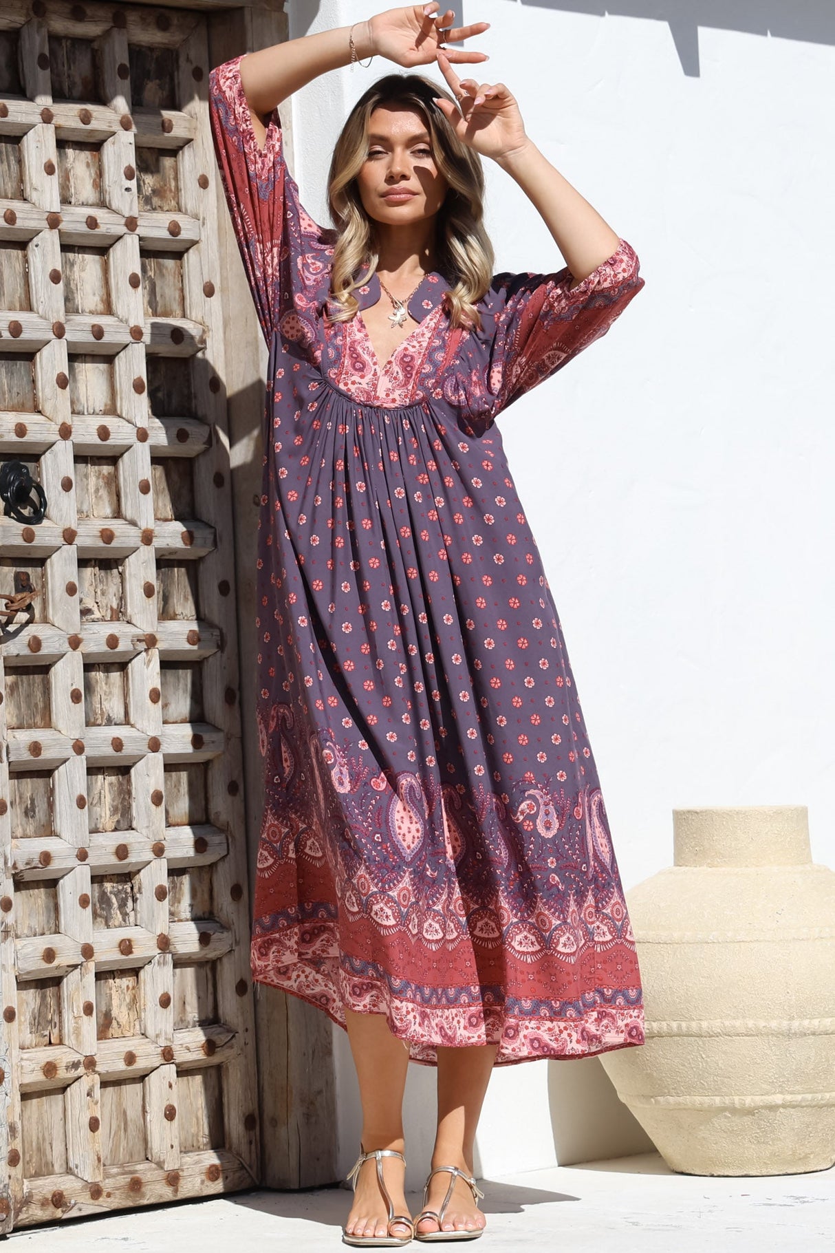 JAASE - Boheme Midi Dress: Piping Defined Bust Slimline Smock Dress In Dancing Daisy Print