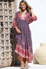 JAASE - Boheme Midi Dress: Piping Defined Bust Slimline Smock Dress In Dancing Daisy Print