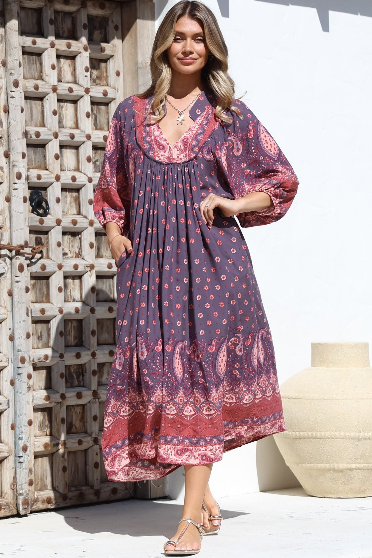 JAASE - Boheme Midi Dress: Piping Defined Bust Slimline Smock Dress In Dancing Daisy Print