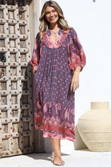 JAASE - Boheme Midi Dress: Piping Defined Bust Slimline Smock Dress In Dancing Daisy Print