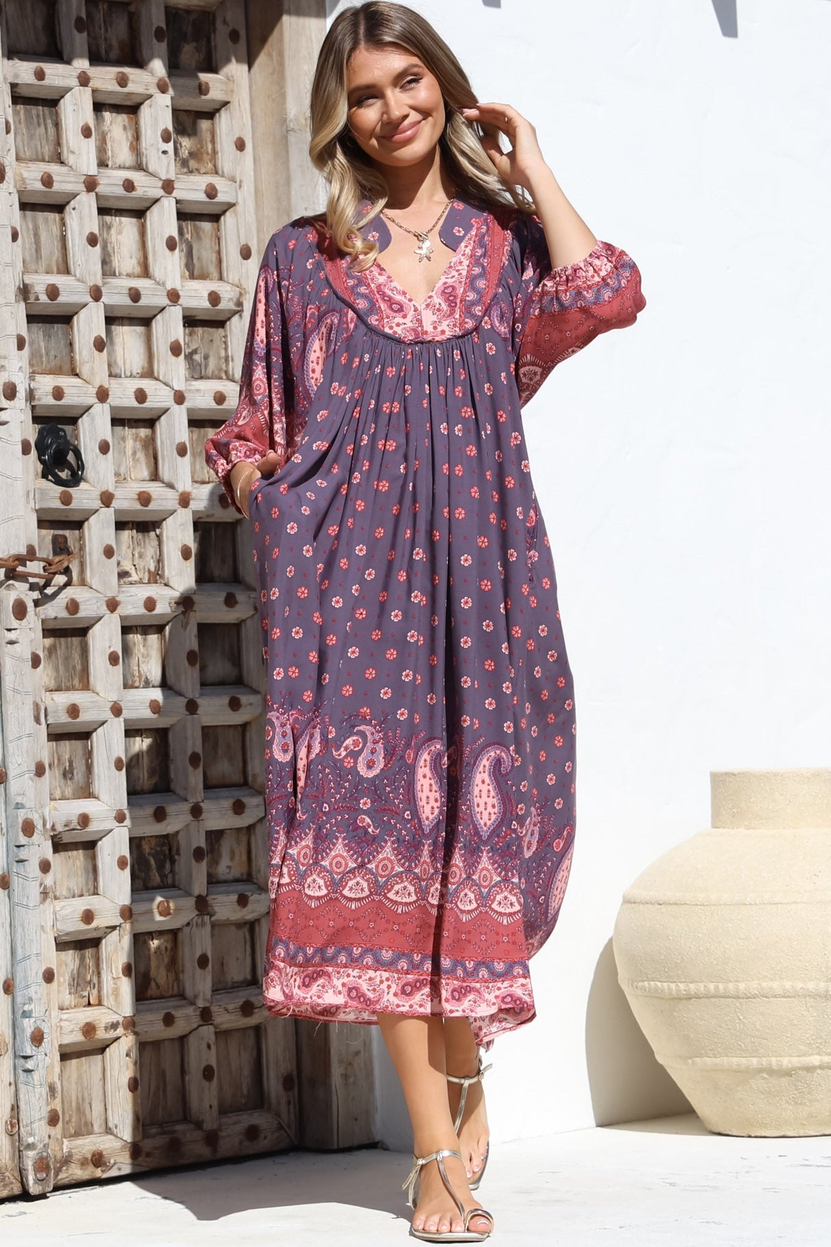 JAASE - Boheme Midi Dress: Piping Defined Bust Slimline Smock Dress In Dancing Daisy Print