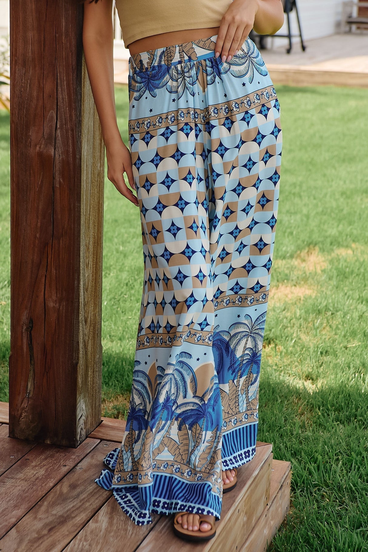 JAASE - Bombay Pants: Mid Rise Super Wide Leg Pant in Saphire Sands Print