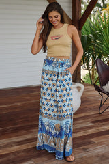 JAASE - Bombay Pants: Mid Rise Super Wide Leg Pant in Saphire Sands Print