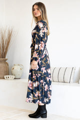 Bonham Maxi Dress - Mandarin Collar Front Button Placket Dress with Belt in Brighton Print
