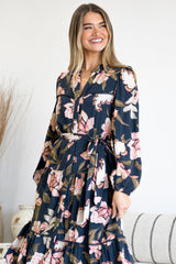 Bonham Maxi Dress - Mandarin Collar Front Button Placket Dress with Belt in Brighton Print
