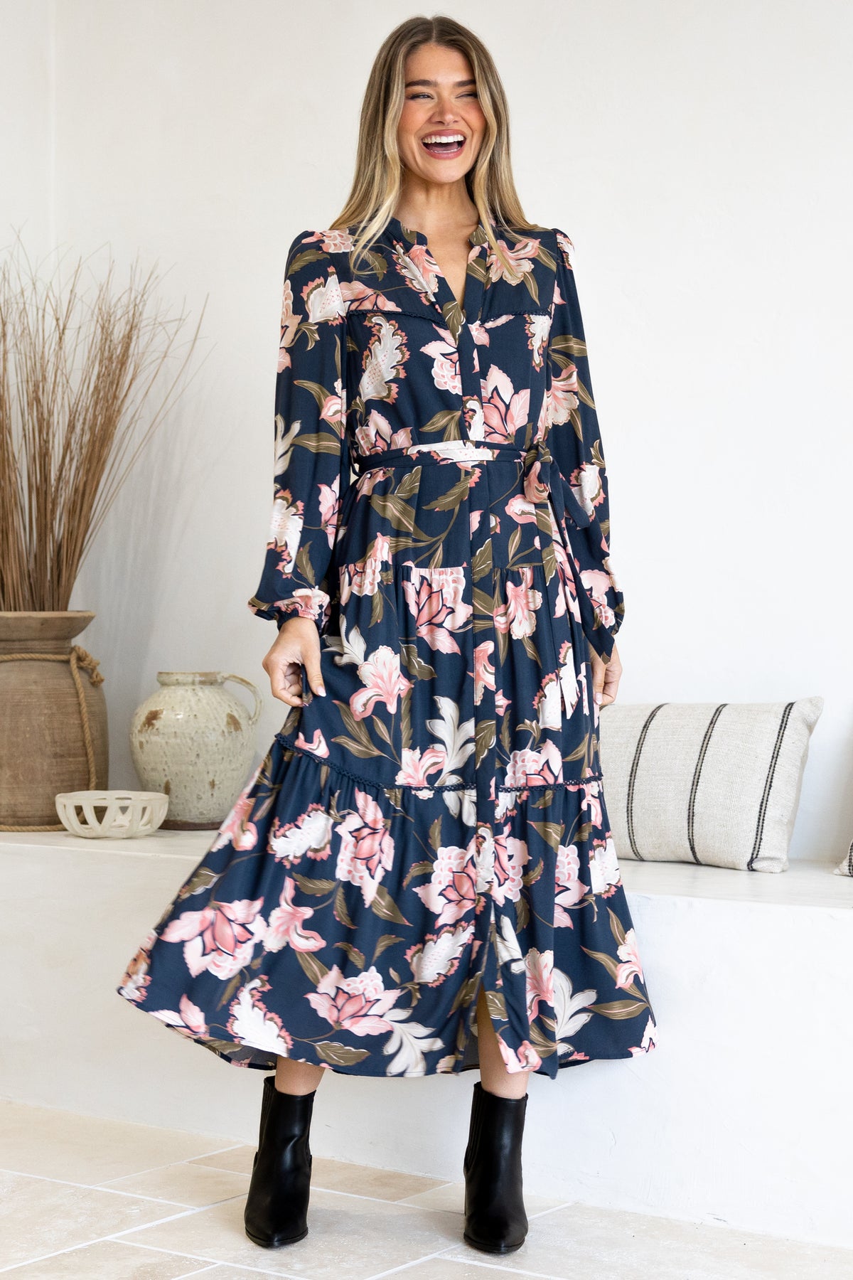 Bonham Maxi Dress Mandarin Collar Front Button Placket Dress Belt Brighton Print