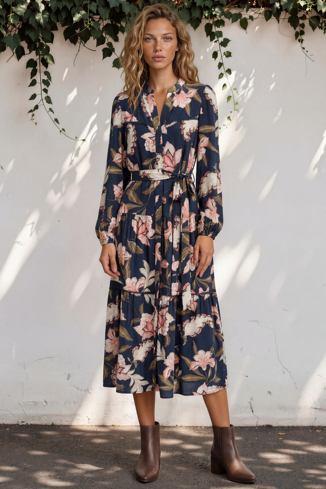 Model wearing Bonham Maxi Dress in Brighton Print from Salty Crush