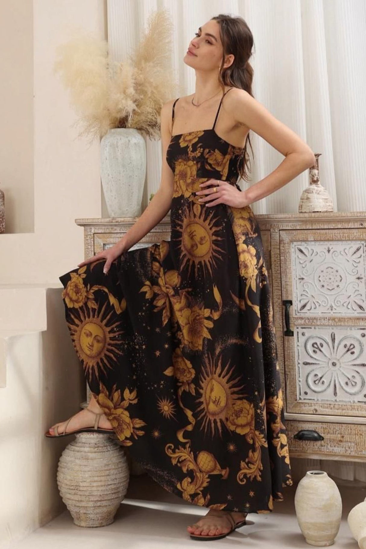 Bonita Maxi Dress: Spaghetti Strap Sun Dress in Goldie Print