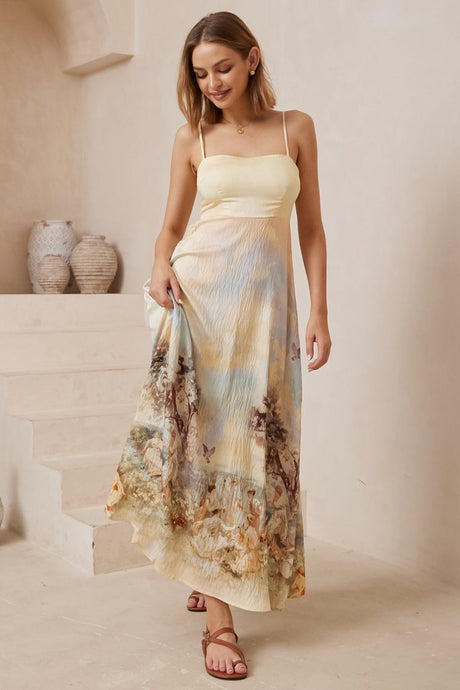 Bonita Maxi Dress: Spaghetti Strap Sun Dress in Grasie Print