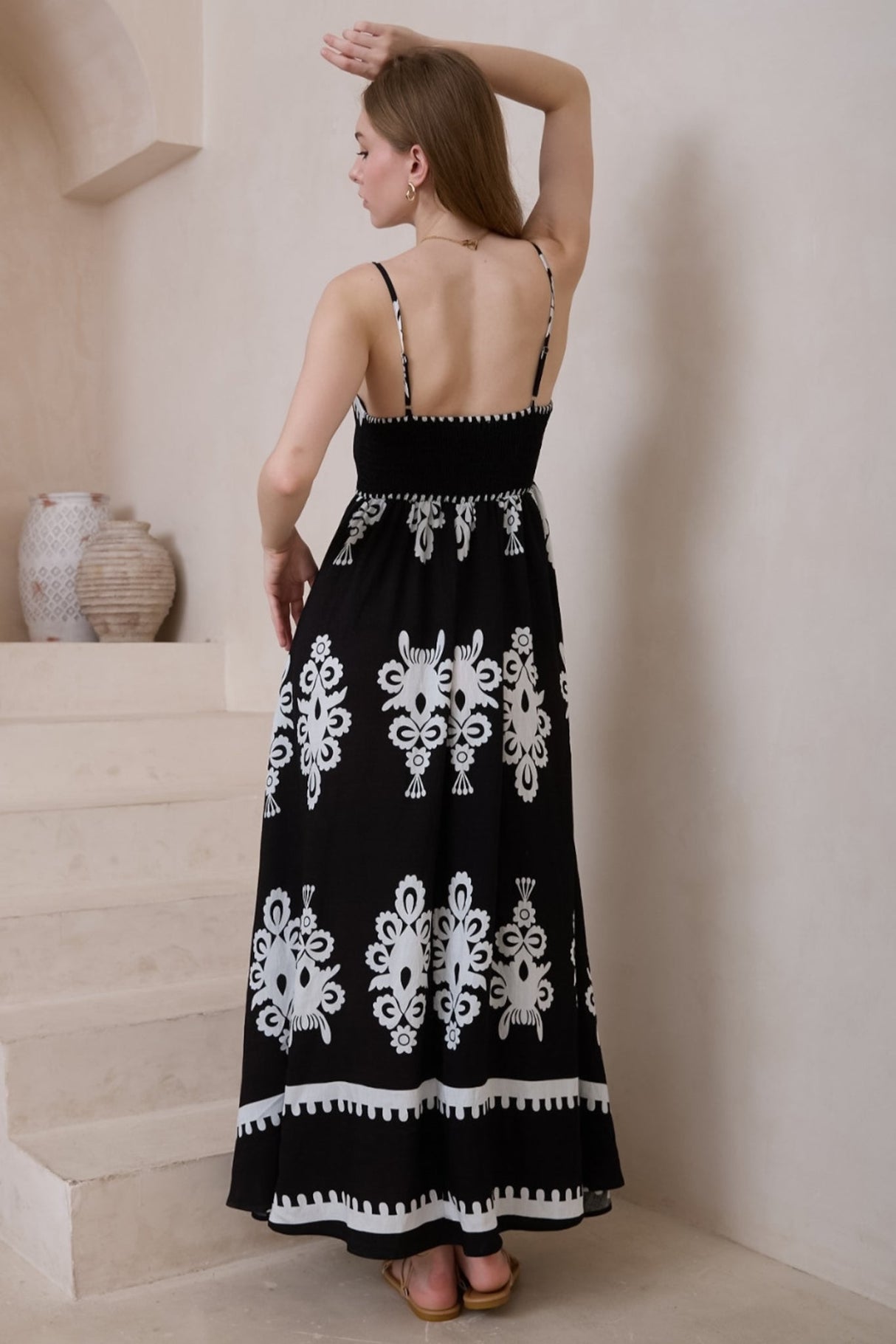 Bonita Maxi Dress: Spaghetti Strap Sun Dress in Maceo Print Black