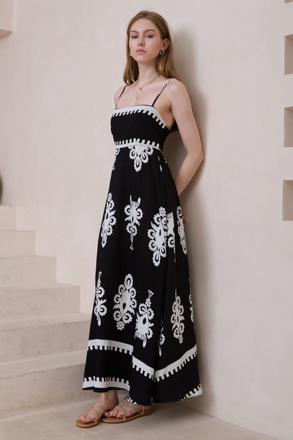 Bonita Maxi Dress: Spaghetti Strap Sun Dress in Maceo Print Black