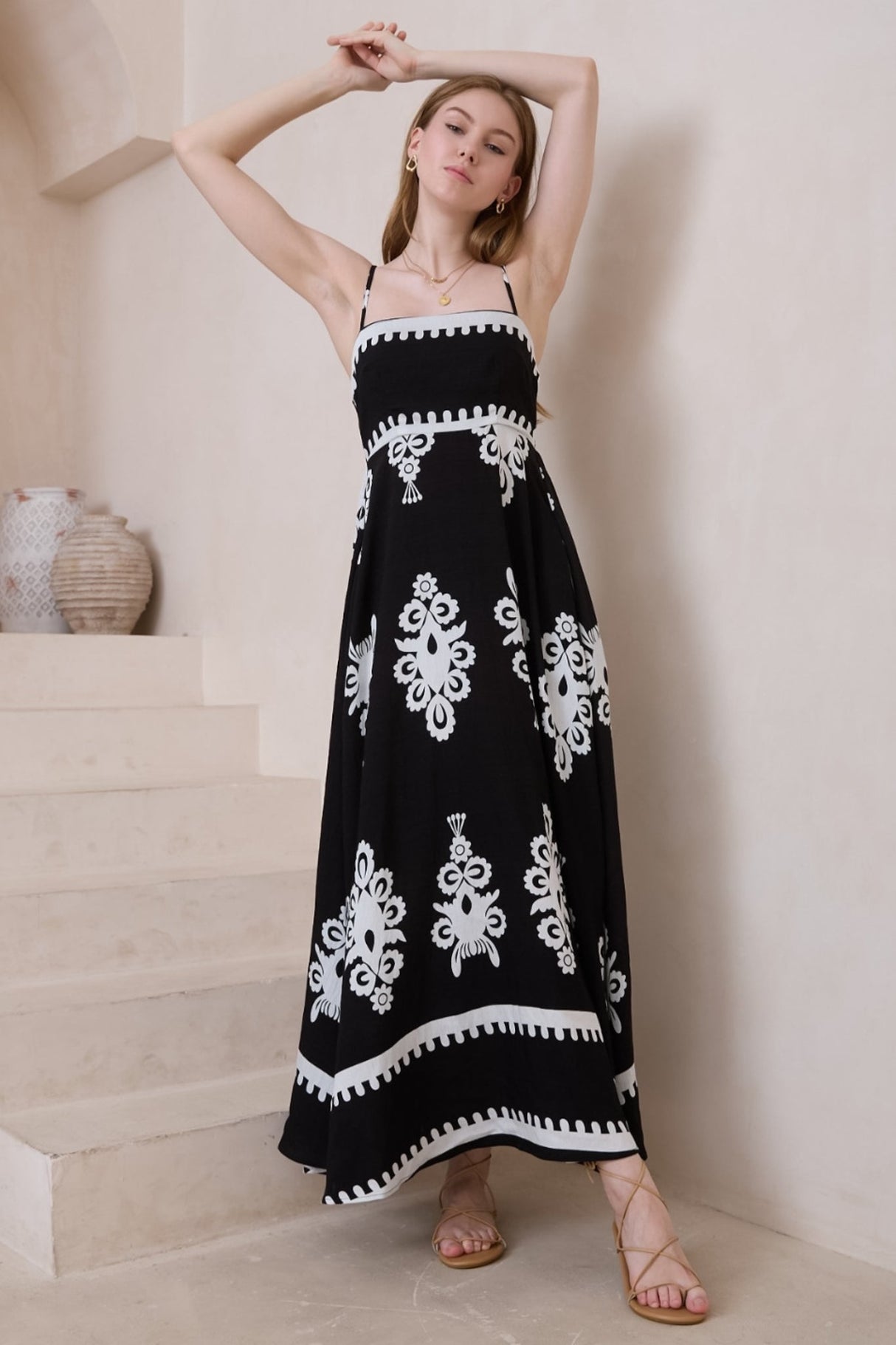 Bonita Maxi Dress: Spaghetti Strap Sun Dress in Maceo Print Black