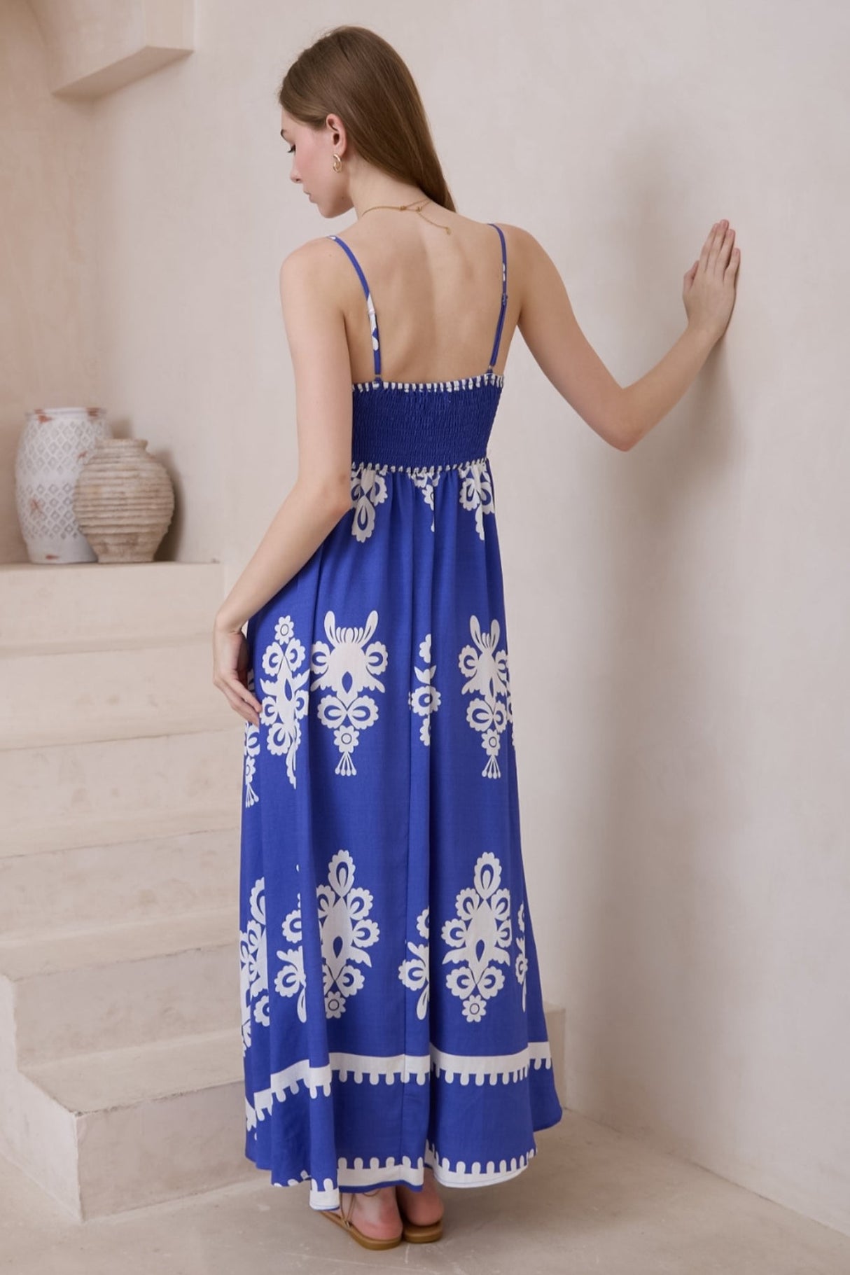 Bonita Maxi Dress: Spaghetti Strap Sun Dress in Maceo Print Blue