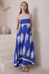 Bonita Maxi Dress: Spaghetti Strap Sun Dress in Maceo Print Blue