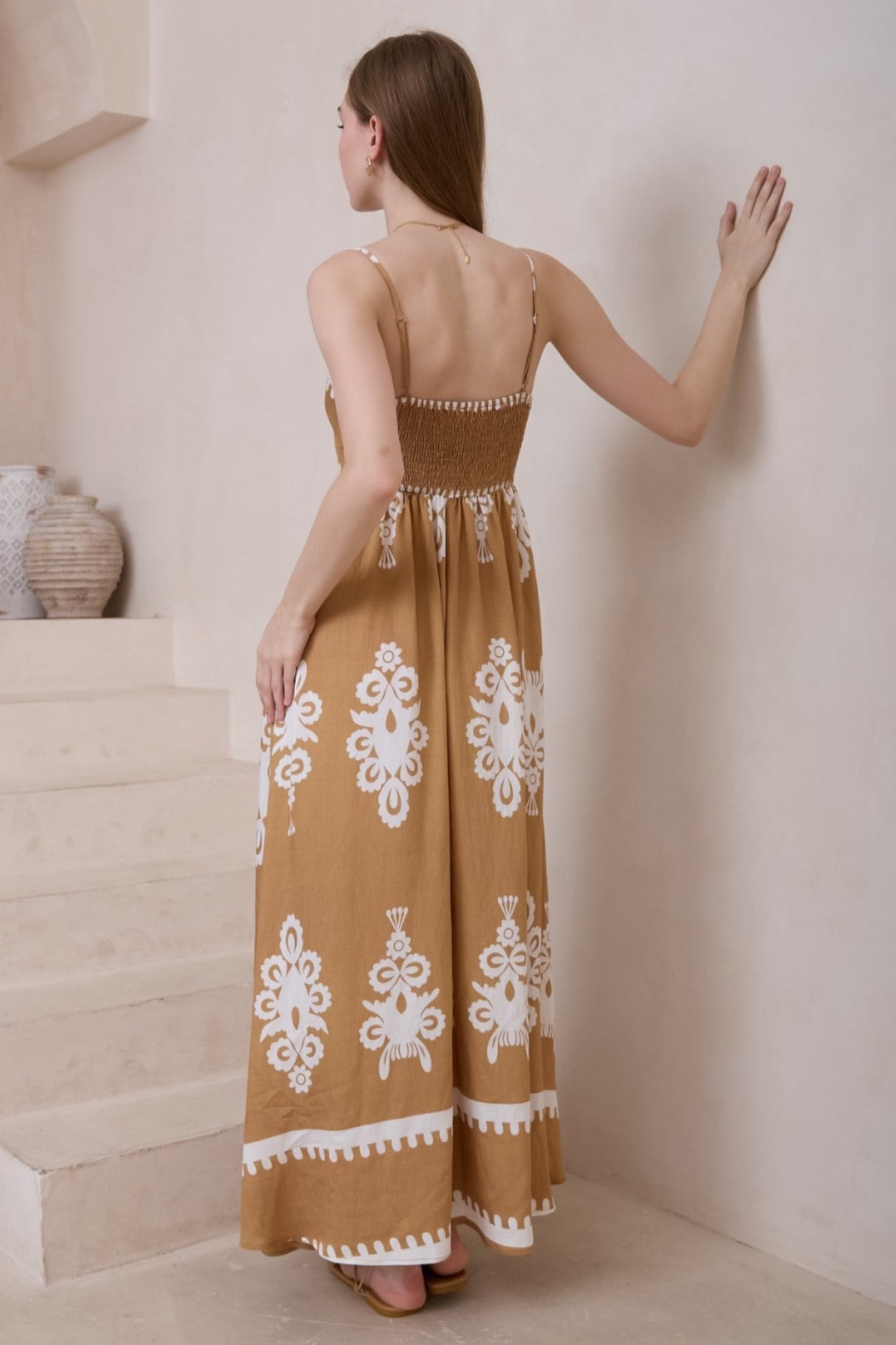 Bonita Maxi Dress: Spaghetti Strap Sun Dress in Maceo Print Camel