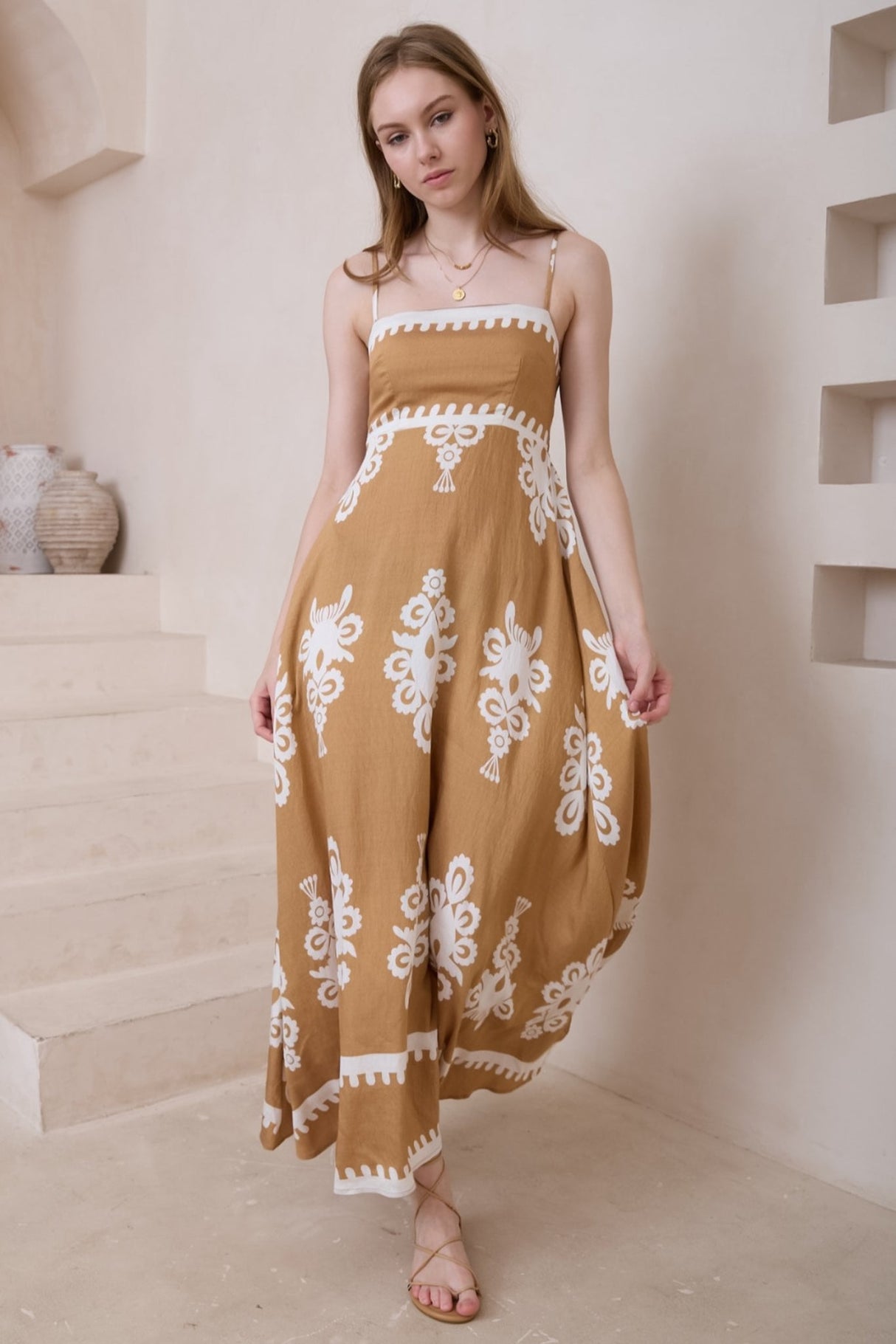 Bonita Maxi Dress: Spaghetti Strap Sun Dress in Maceo Print Camel