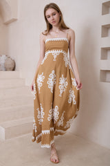 Bonita Maxi Dress: Spaghetti Strap Sun Dress in Maceo Print Camel