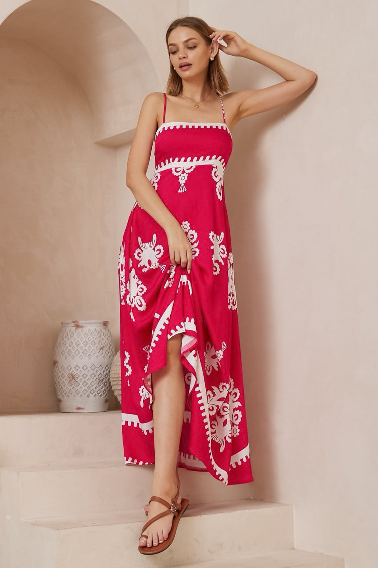 Bonita Maxi Dress: Spaghetti Strap Sun Dress in Maceo Print Magenta