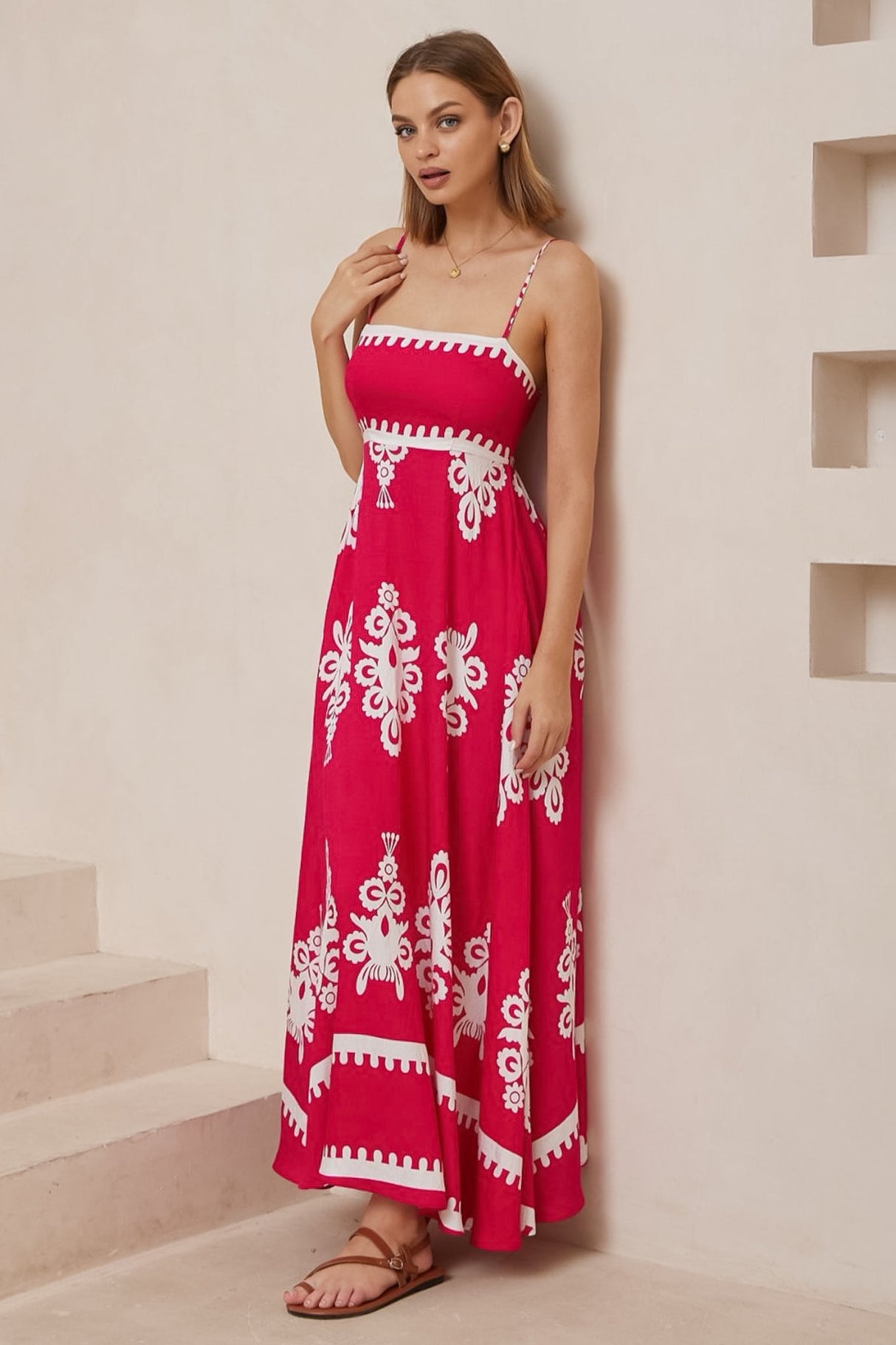 Bonita Maxi Dress: Spaghetti Strap Sun Dress in Maceo Print Magenta