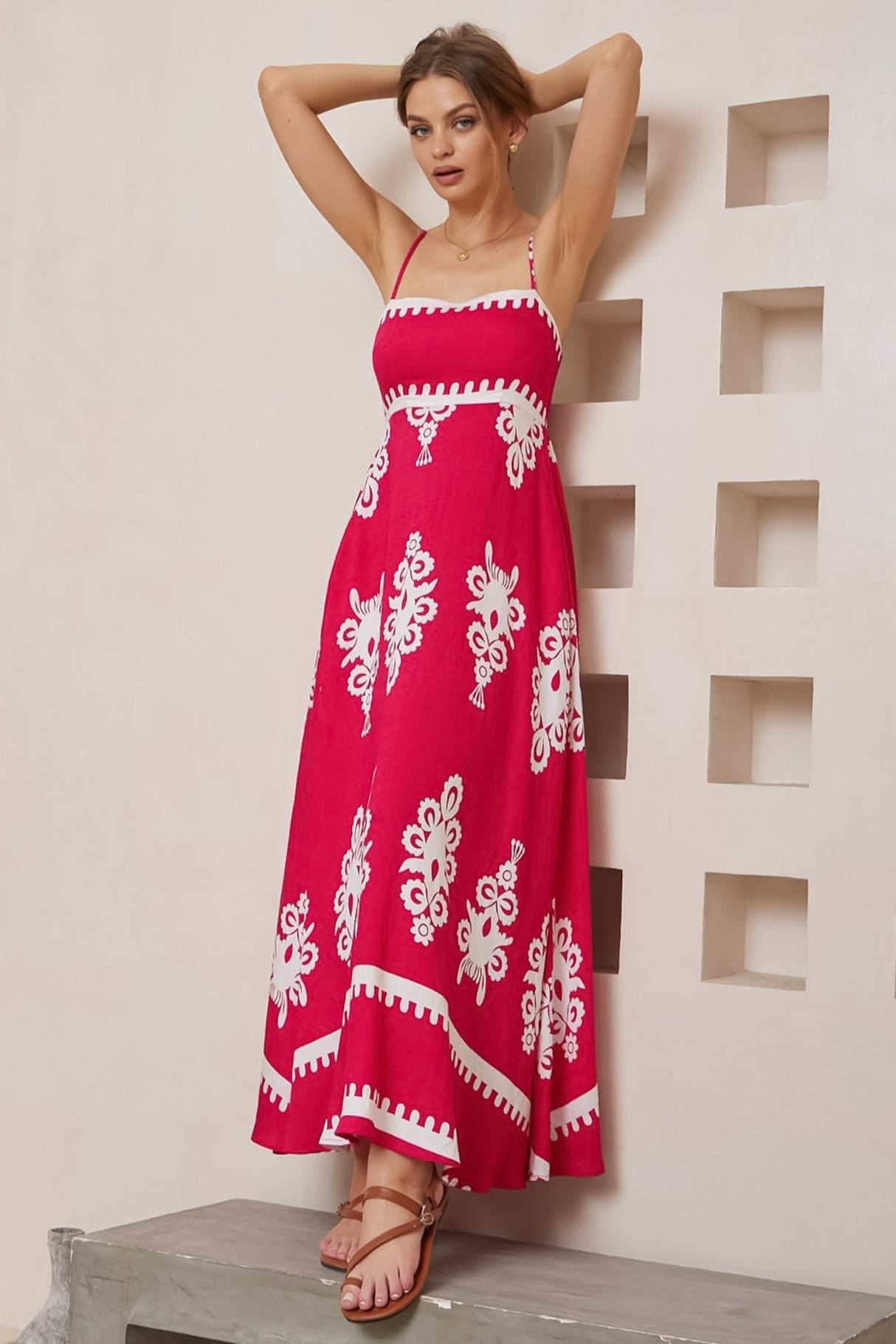 Bonita Maxi Dress: Spaghetti Strap Sun Dress in Maceo Print Magenta