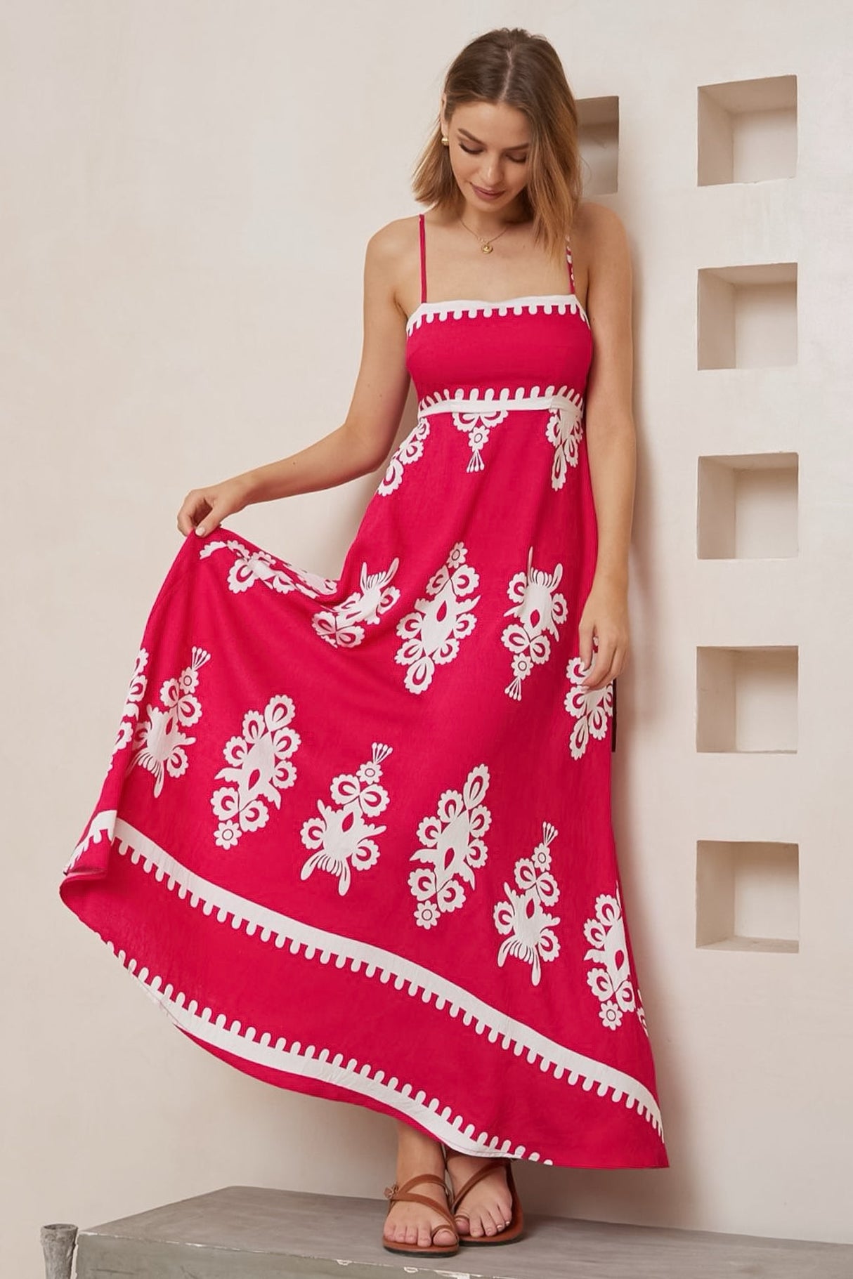 Bonita Maxi Dress: Spaghetti Strap Sun Dress in Maceo Print Magenta