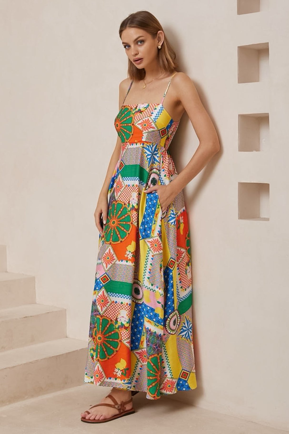 Bonita Maxi Dress: Spaghetti Strap Sun Dress in Myra Print