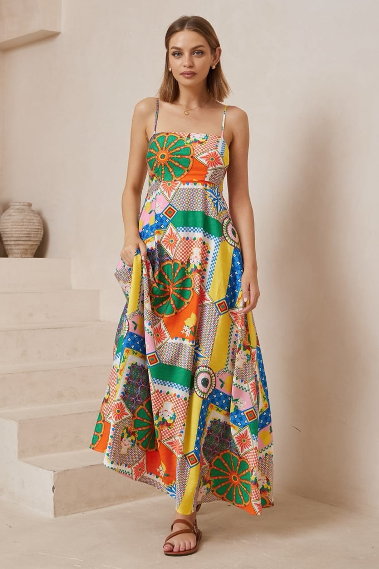 Bonita Maxi Dress: Spaghetti Strap Sun Dress in Myra Print