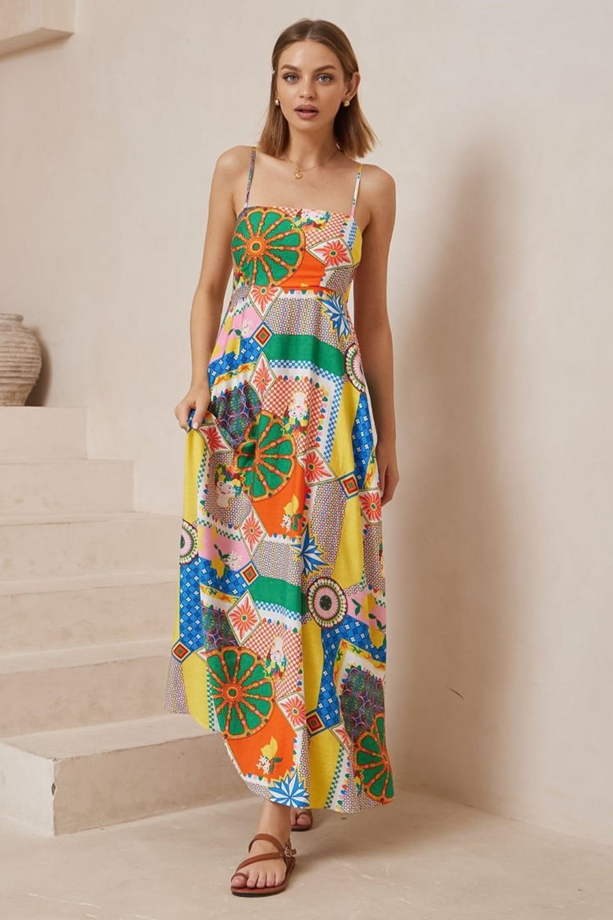 Bonita Maxi Dress: Spaghetti Strap Sun Dress in Myra Print