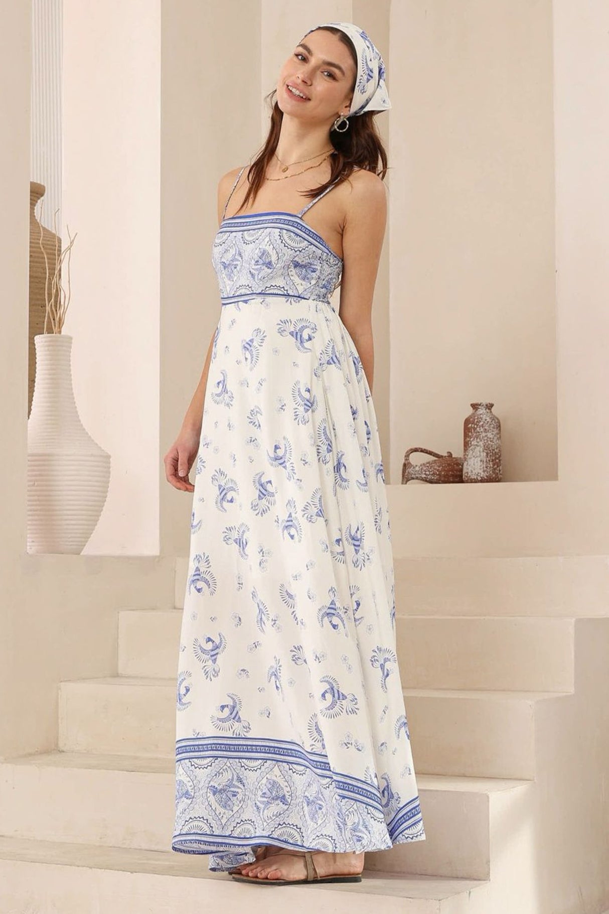 Bonita Maxi Dress: Spaghetti Strap Sun Dress in Sparrow Print