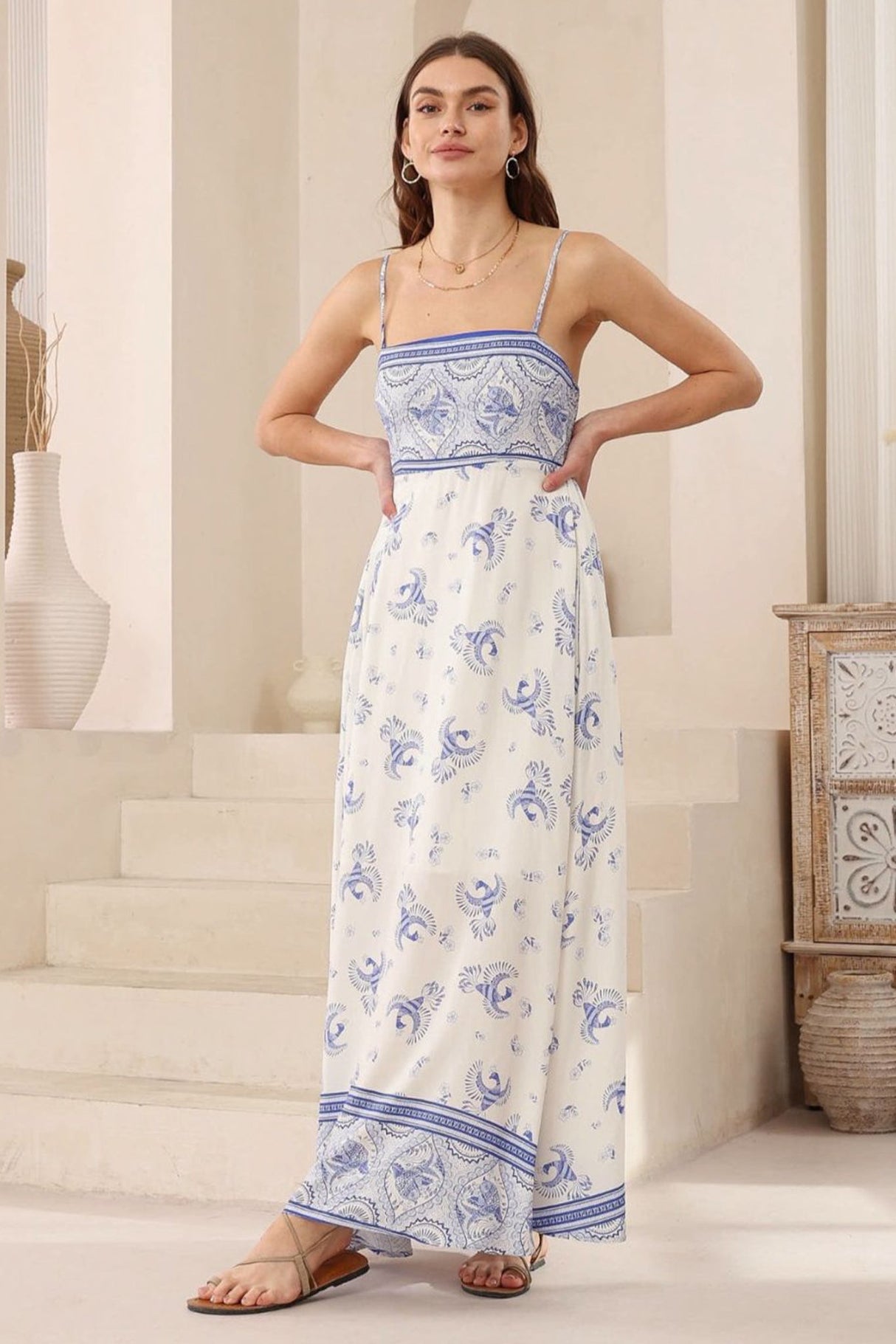 Bonita Maxi Dress: Spaghetti Strap Sun Dress in Sparrow Print