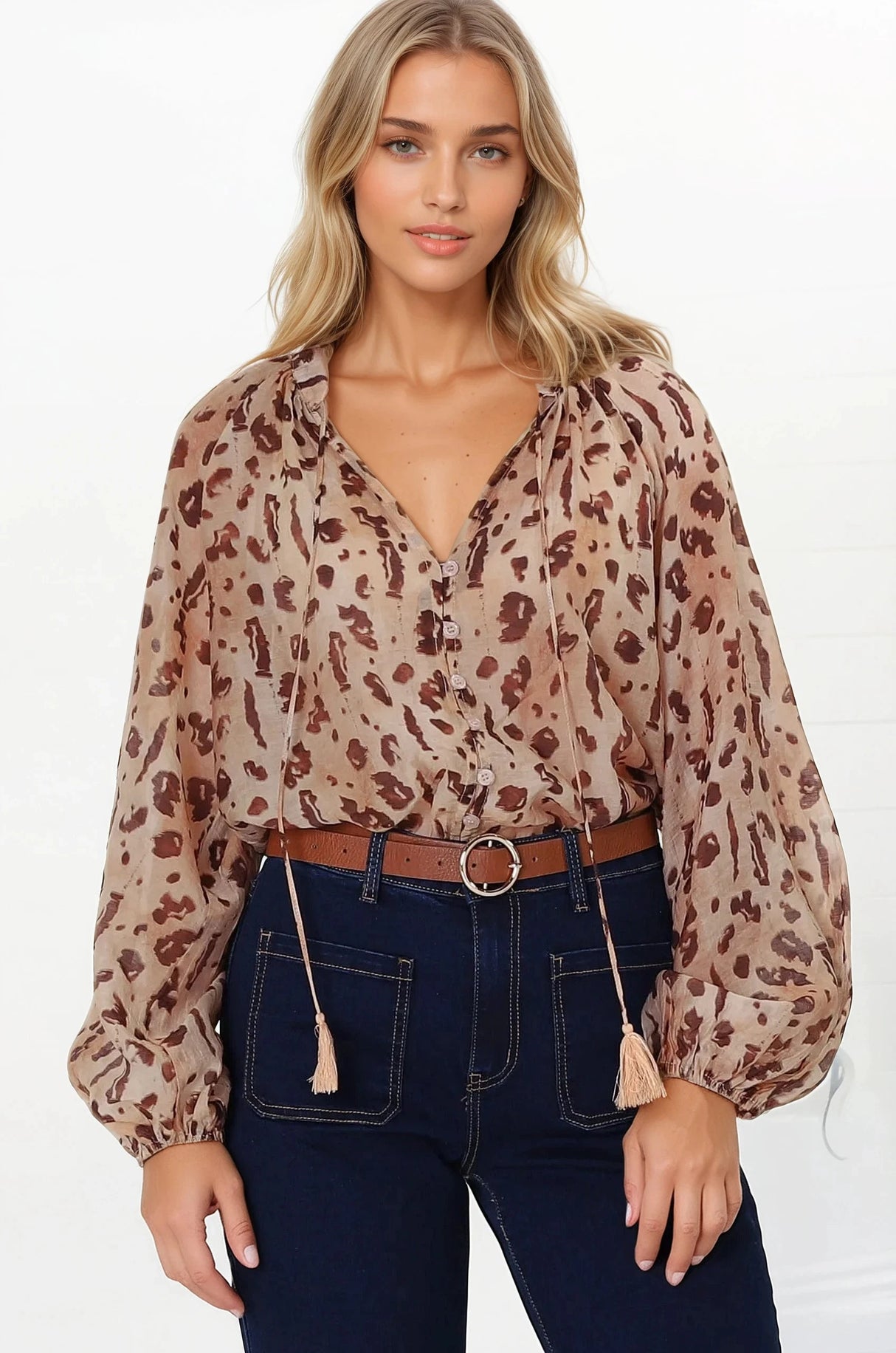 Bonnie Blouse - Button Down Scoop Hem Blouse in Leopard Print