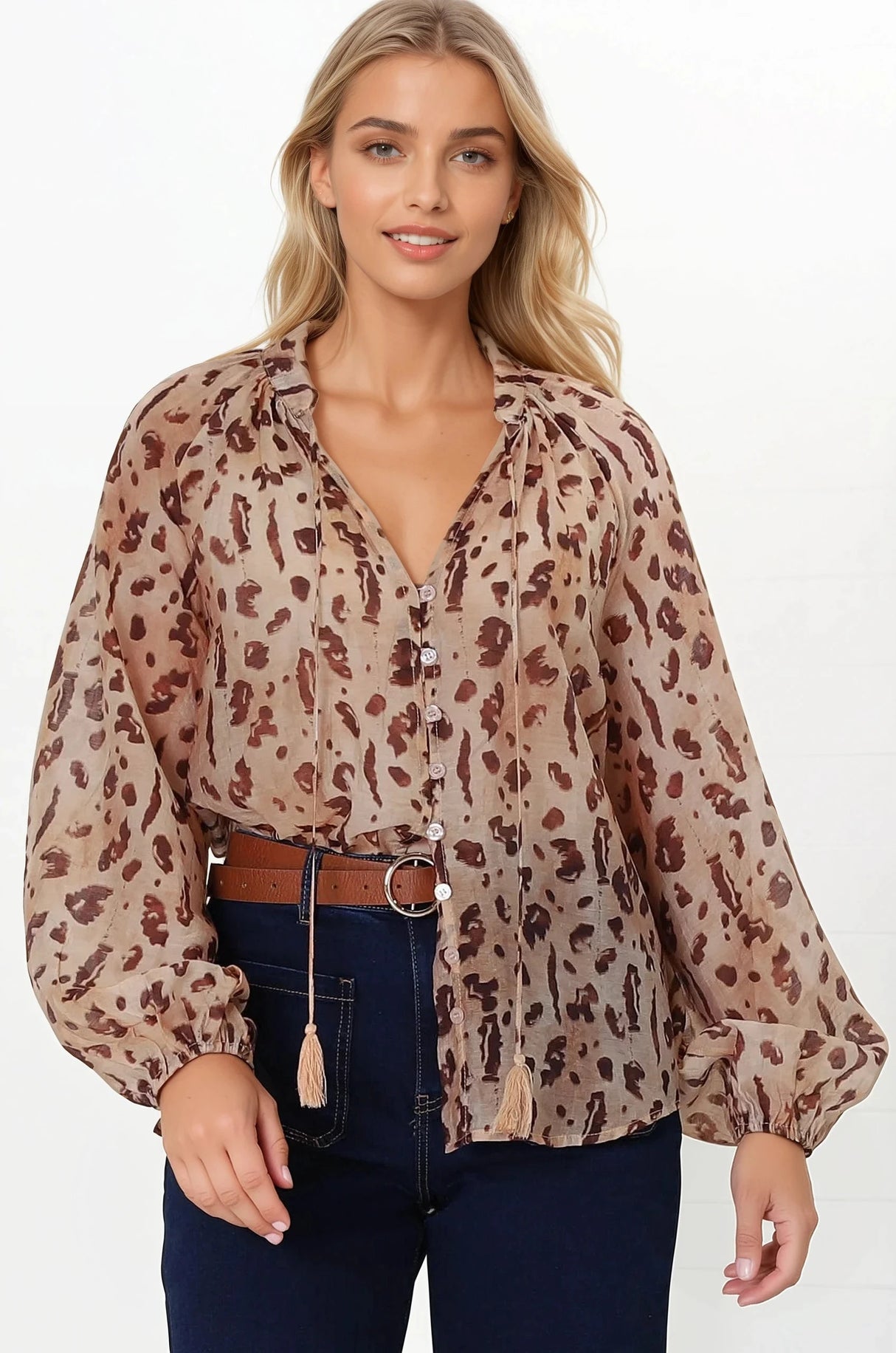Bonnie Blouse - Button Down Scoop Hem Blouse in Leopard Print