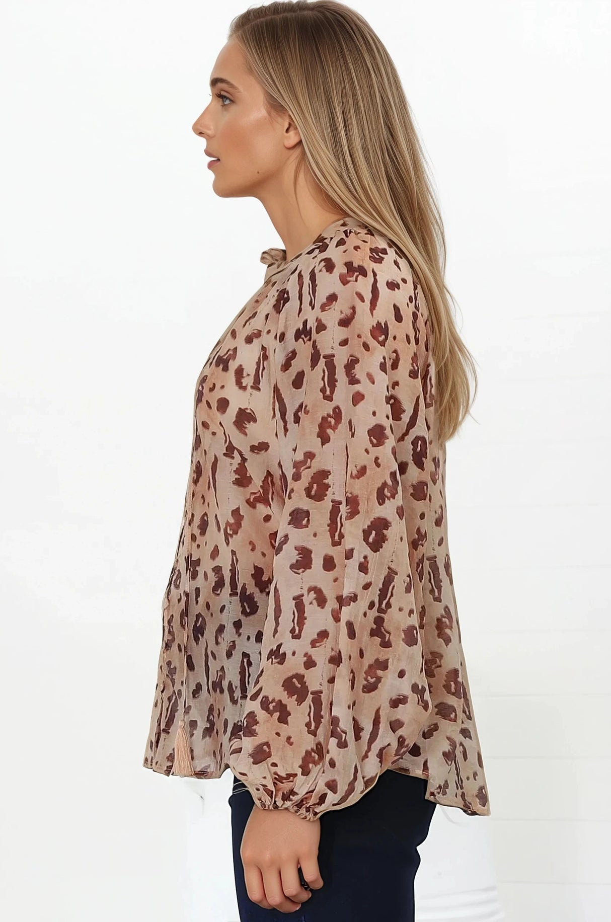 Bonnie Blouse - Button Down Scoop Hem Blouse in Leopard Print