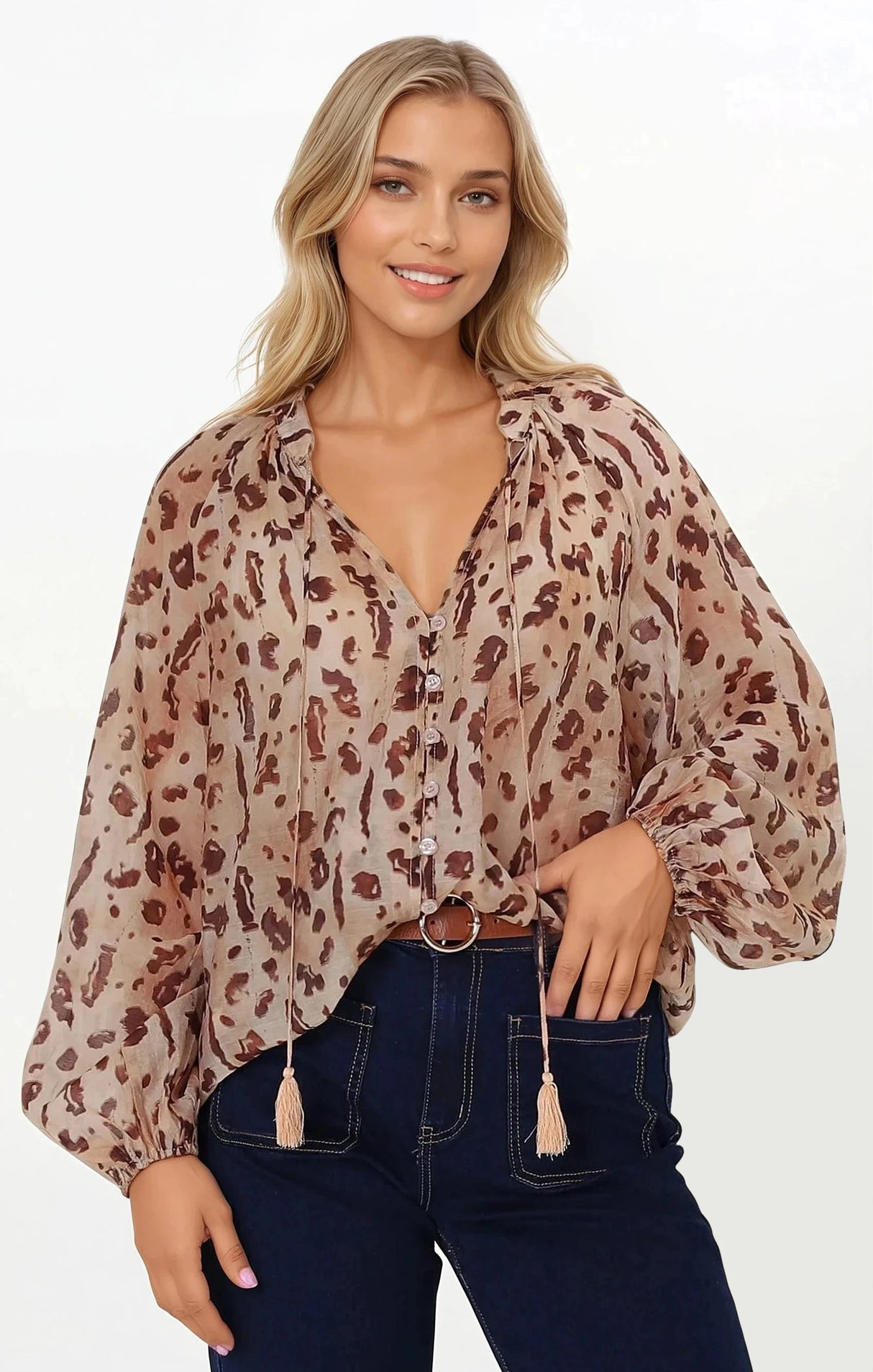 Bonnie Blouse - Button Down Scoop Hem Blouse in Leopard Print